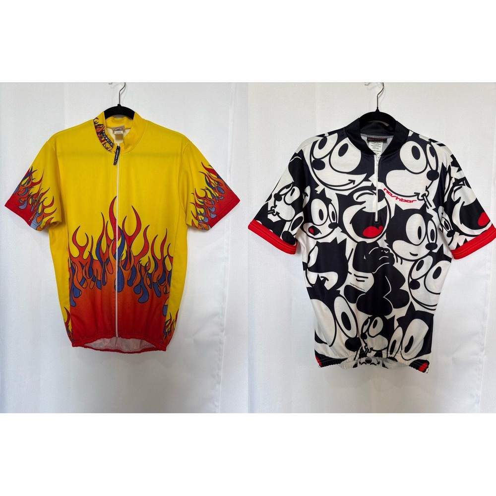 Lot (2) Cycling Bike Jersey Sz L Pace Sportswear Nashbar Felix TheCat Flames Zip